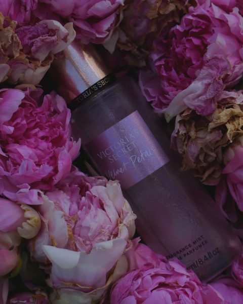 a close up of a bottle of perfume surrounded by pink flowers