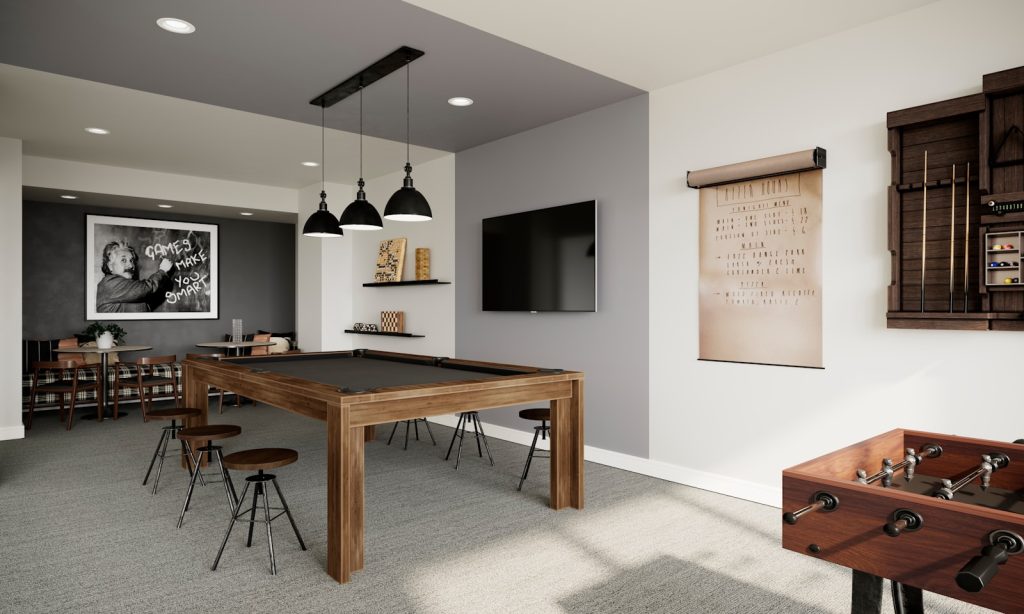 a game room with a pool table and foo foo